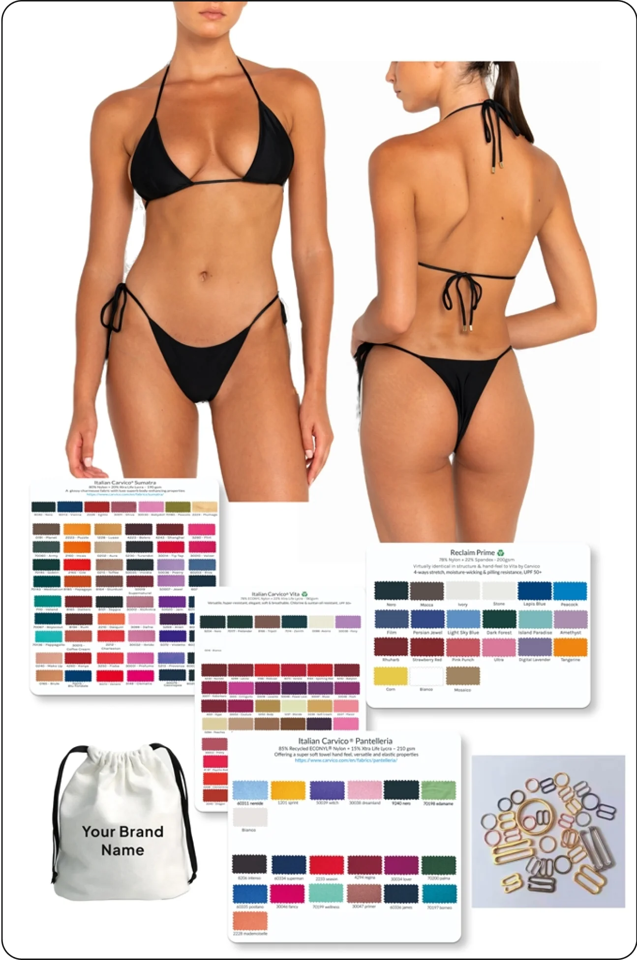 azule pack product specification image displaying classic black triangle bikini from front and back angles, complete with fabric color swatch cards, customizable white drawstring bag, and metal hardware options